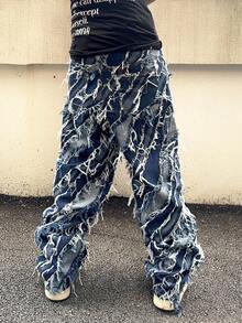 PAVTROS 男士口袋磨边休闲阔腿牛仔裤