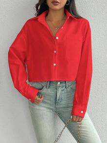 SHEIN PETITE Casual Versatile Fashion Long Sleeve Single Pocket Turndown Collar Button Up Loose Design Niche Women Shirt