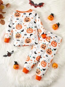 Set 2 buc/set pijama pentru copii mici, băieți/fete, model de dovleac, tricotat, moale, confortabil, cu guler rotund, mânecă lungă, top și colanți, pijama clasică, confortabilă, casual, de bază, potrivită pentru Halloween - Portocale - Vizualizare 2
