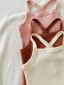 Loomiva 3件套女婴纯色休闲百搭针织柔软吊带背心连体衣和短裤套装 - 彩色 - 查看 5