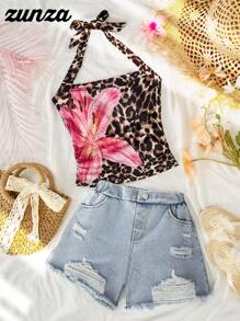 青少年女孩豹纹细肩带背心和破洞牛仔短裤两件套，伊比沙岛夏季服装 - 咖啡棕 - 查看 9