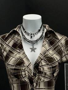 EgrlEra 女式 Y2K 哥特性感盖袖格子拼布衬衫 - 卡其色 - 查看 3