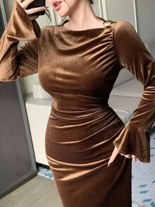 DAZY Vestido midi de unicolor elegante con abertura para mujer, otoño