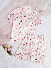 2pcs Summer Pajama Set For Women, Thin Bowknot, Cherry & Heart All-Over Print Short Sleeve Top And Shorts