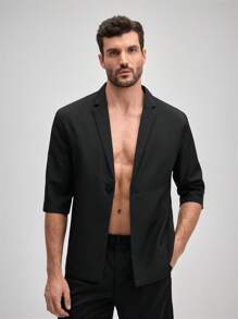 OFFICEAU Men's Casual 3/4 Sleeve Blazer, Korean Stylish Loose Fit Lightweight Suit Jacket, Old Money - Black - View 3