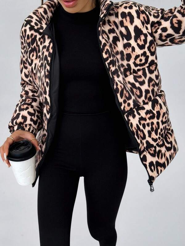 EURMUSE Women's Leopard Printed Elegant Puffer Winter Coat