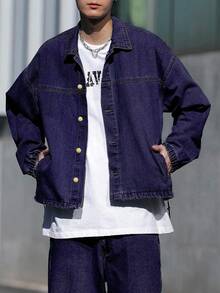 Claim Dot 男士休闲宽松落肩长袖单排扣牛仔夹克，秋季男士海军蓝牛仔两件套男士 90 年代时尚 - 紫色 - 查看 5