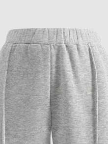 SHEIN 少女宽松休闲简约舒适圆领长袖短款连帽衫和裤子套装 - 灰色 - 查看 7