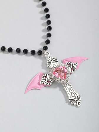 Goth Collier de perles avec pendentif croix au style sombre et créatif, Ras-du-cou