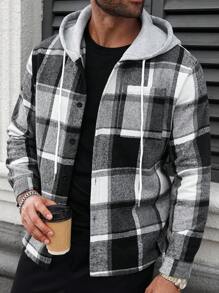 Manfinity CasualCool Men Plus Size Plaid Drawstring Hooded Outing Casual Shacket No T-Shirt, Boyfriend Gifts , Fall