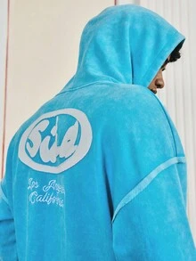 SWAVVY Men's Casual Hooded Sweatshirt With Embroidered & Spray Painted Designs, Long Sleeve, Spring/Autumn, For Fall Winter - Blue - View 3