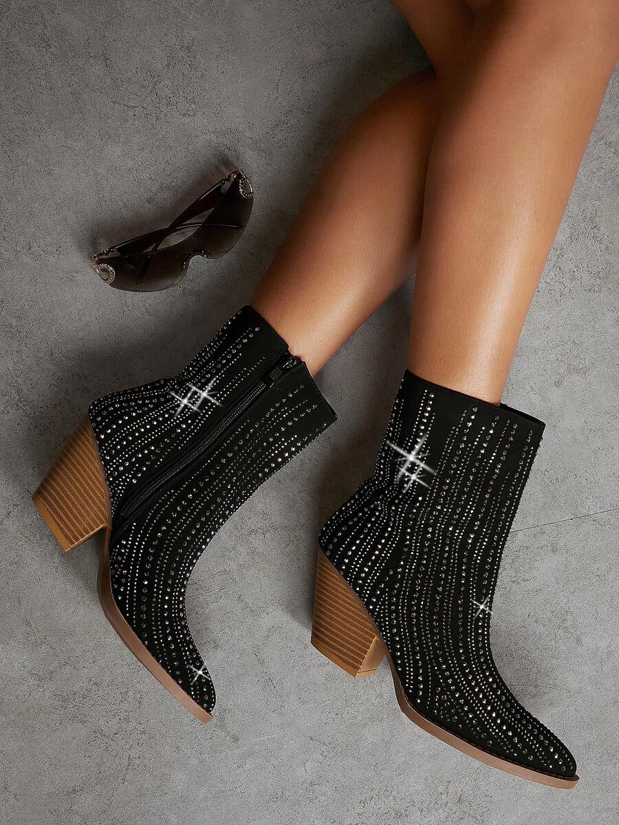 SHUZIA 水鑽細節粗跟靴子 - 黑色 - 查看 1