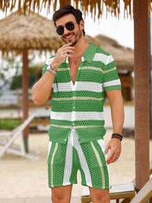 Genlund Conjunto de 2 piezas para hombre con top de punto de manga corta y shorts holgados, conjunto casual de suéter con rayas verdes para vacaciones, otoño y playa, estilo vacacional - Verde - Ver 4