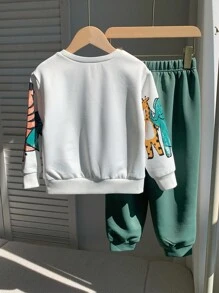 SHEIN 2 件套年轻男童可爱休闲舒适蜡笔动物印花圆领运动衫和慢跑裤套装，适合外出、日常聚会、秋冬季 - 彩色 - 查看 2