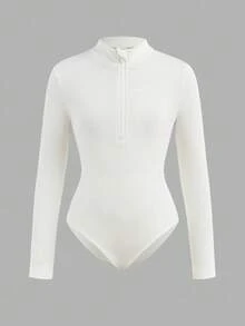 SHEIN Girlism 2pcs Tween Girls' Casual Fashion Ribbed Stand Collar Half-Zip Long Sleeve Bodysuit & Pants Set, Black & White, Suitable For Weekend And Casual Outings, Bodysuits For Teen Girls, Tight Fitted Tops, Zip Up Bodysuit Fall Winter - Multicolor - View 5