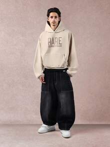 SUMWON Crop Fit Rare Club Oversized Hoodie Streetwear Classic Pullover Sweatshirt With Centre Pocket Casual Comfortable Daily Wear Winter Fall Essential - Apricot - View 3