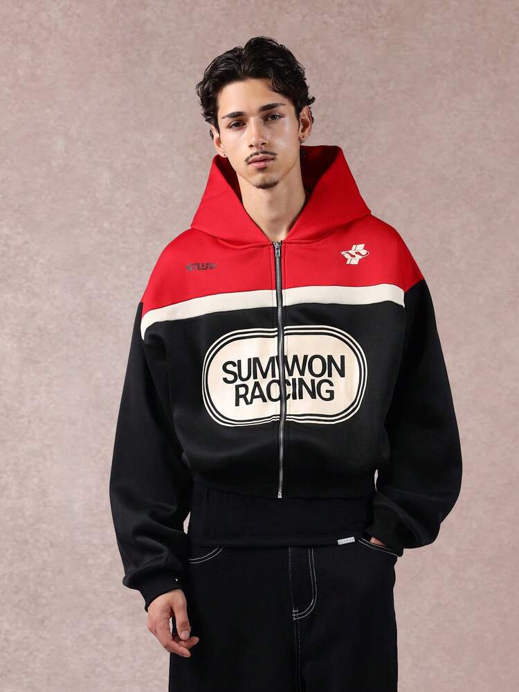 Racing Logo Zip Hoodie With Color Block Design