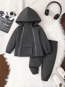 SHEIN 2pcs/Set Baby BoyGirls Fall & Winter Outfits, Hooded Windbreaker Jacket Sweatshirt And Jogger Pants Tracksuit, Comfortable Casual All-Match Everyday Wear, Suitable For Indoor, Outdoor, Sports, Party, Photography, Holiday - Dark Grey - View 3