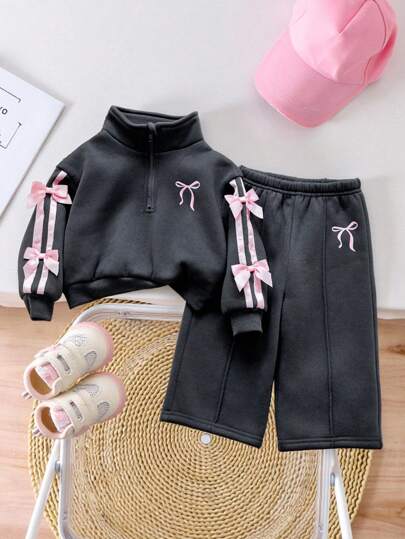 SHEIN Komplet bluzy dla dziewczynki w uniwersalnym szarym kolorze z kokardą, jesień/zima