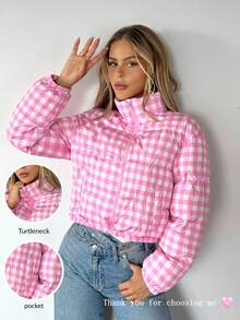 Sweetina 女式立领长袖拉链格子冬季夹克 - 粉色 - 查看 4