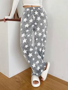 DAZY Flannel Thicken Allover Star Pattern Fluffy Bottoms, Thermal Lined Fall, Winter, Cozy - Light Grey - View 8