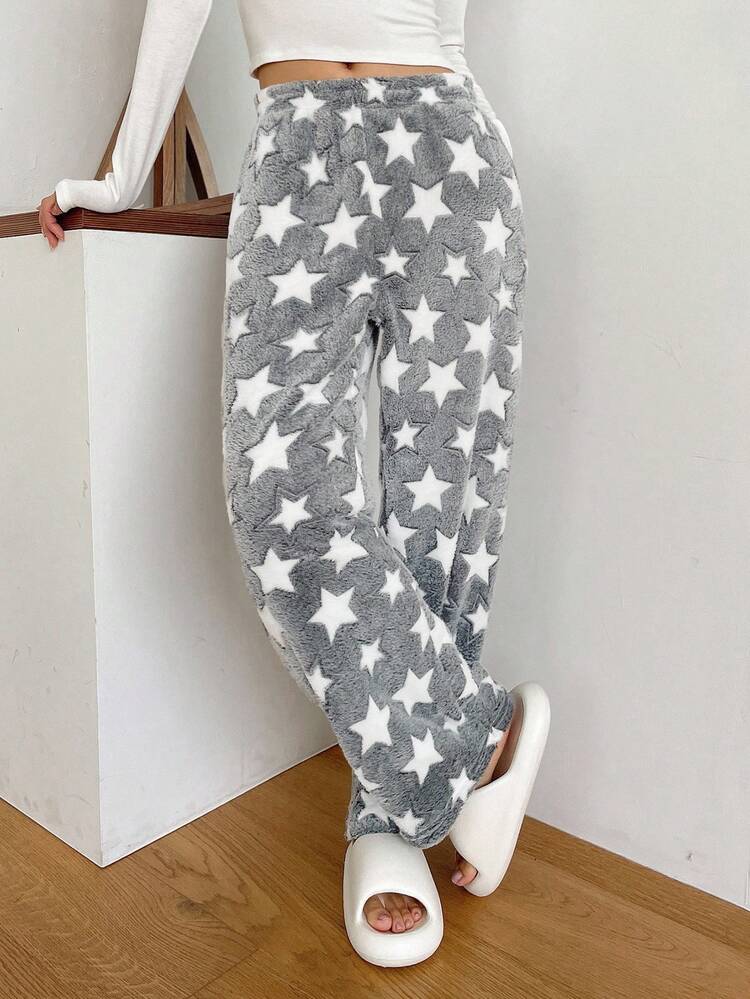 DAZY Flannel Thicken Allover Star Pattern Fluffy Bottoms, Thermal Lined Fall, Winter, Cozy - Light Grey - View 8