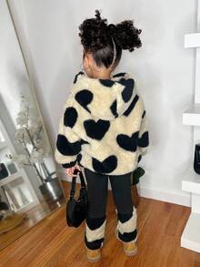 SHEIN Young Girl Young Girls Heart Print Hoodie Sweatshirt & Knit Autumn Pants 2 Piece Outfit,Fleece Long Sleeve Pullover & Leggings Set,Winter, Matching - Black - View 2