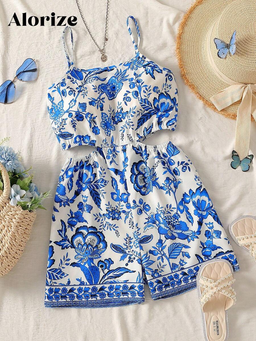 梭织印花吊带背心、女式扭纹镂空连体裤、印花图案女式夏装、女式度假装、波西米亚风时尚装、女式沙滩装、休闲飘逸波西米亚风女装、女式热带风情装 - 藍色 - 查看 1