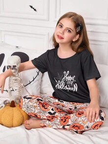 SHEIN 2 Peças Conjunto de Pijama Feminino com Estampa de Elementos de Halloween, Top de Manga Curta e Calça Longa em Malha - Preto - Visão 3