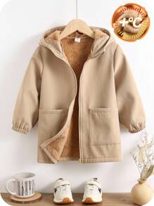 SHEIN Young Boy's Faux Sherpa Hooded Mid-Length Padded Jacket, Khaki Color Casual Outdoor Sport Suitable For Autumn/Winter Kids Coat Toddler Coat Kids Winter Coat Thermal Lined Coat Kids Hooded Coat Kids Fall