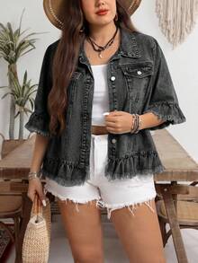 EMERY ROSE Áo khoác denim rách giặt thường ngày cỡ lớn - màu đen - Xem 6