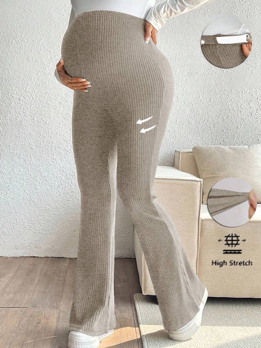 SHEIN Maternity Casual Solid Color High Waist Flare Pants Maternity Flare Pants Maternity Pants Pregnancy Pants Knit Maternity Pants Stretchy Maternity Pants