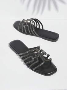 SHUZIA Women's Fashionable Rhinestone Decor Flat Sandals With Thin Straps - Black - View 2