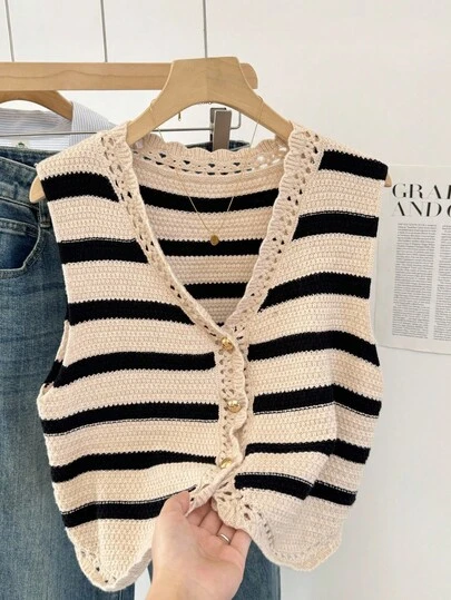 SHEIN Frenchy Chaleco informal de mujer con cuello en V, abotonadura frontal y estampado a rayas