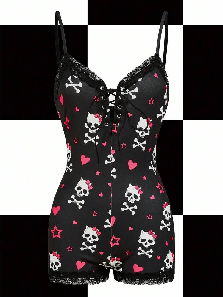 Shutterstock Y2Kool Black Lace Patchwork, Halloween, Skull, Cartoon, Heart, Dark, Y2K, Streetwear, Casual, Women's Fitted Jumpsuit, Suitable For Summer, Autumn, Parties, Vacations, Gatherings, Daily Wear Skull Romper Gothic Romper Skull Bodysuit Lace Trim Romper Emo Romper Lace Bodysuit Party Jumpsuit | SHEIN USA