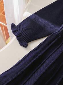 学院风长袖荷叶边袖口纽扣针织连衣裙 - 藏蓝色 - 查看 3