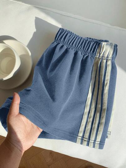 Comfortcana Vintage Washed Blue Knit Wide Leg Casual Shorts For Women Blue Striped Shorts Cotton Shorts