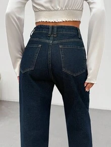 EURMUSE High Waist Elegant Detail Mom Fit Raw Wash Jean Pearl Jeans Rhinestone Jeans Pearl Embellished Jeans Studded Jeans - Dark Wash - View 2