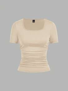 SHEIN EZwear Bộ 4 áo thun cổ tròn tay ngắn màu trơn đơn giản thoải mái dành cho nữ, phù hợp cho mùa xuân/hè - Nhiều màu - Xem 8
