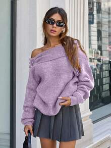 SHEIN Cottnline Women Bardot Neck Pullover With Buckle Detail - Lilac Purple - View 5