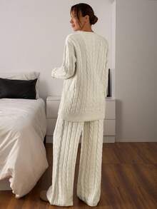 EURMUSE Women Cable Knit Sweater And Sweater Pant 2pcs Set Co-Ord Cable Two Pieces Sweater Set Women Comfortable Two Pieces Set Women's Two Pieces Lounge Set Cable Knit Two Pieces Set,Winter Clothes - Beige - View 2