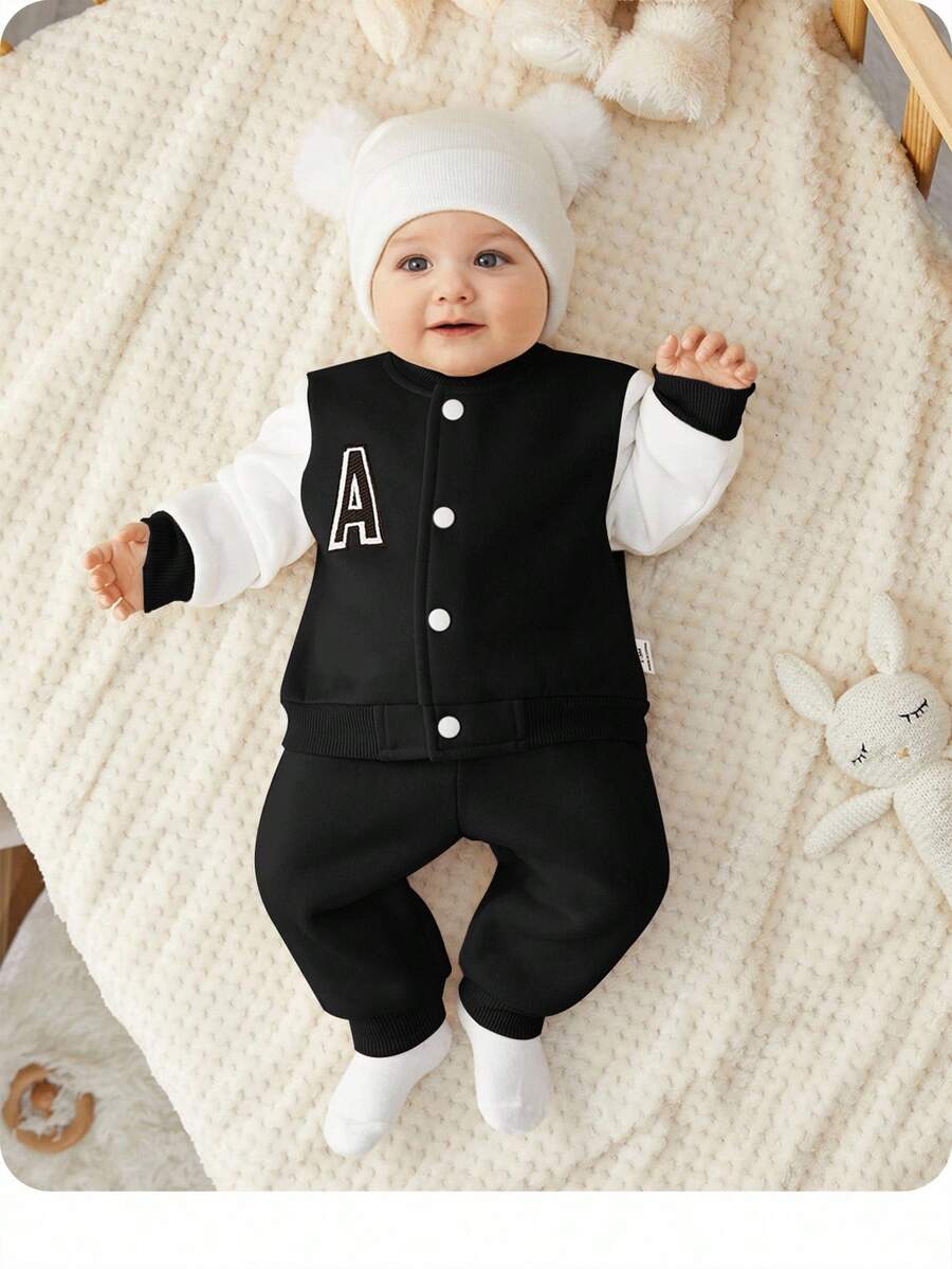 SHEIN Newborn Baby Boys & Girls 2pcs/Set Contrast Color Block Zip-Up Baseball Jacket With Embroidered Patch & Solid Color Soft Comfortable Pants, Suitable For Home, Outdoor & Sport, Autumn/Winter - Black - View 1