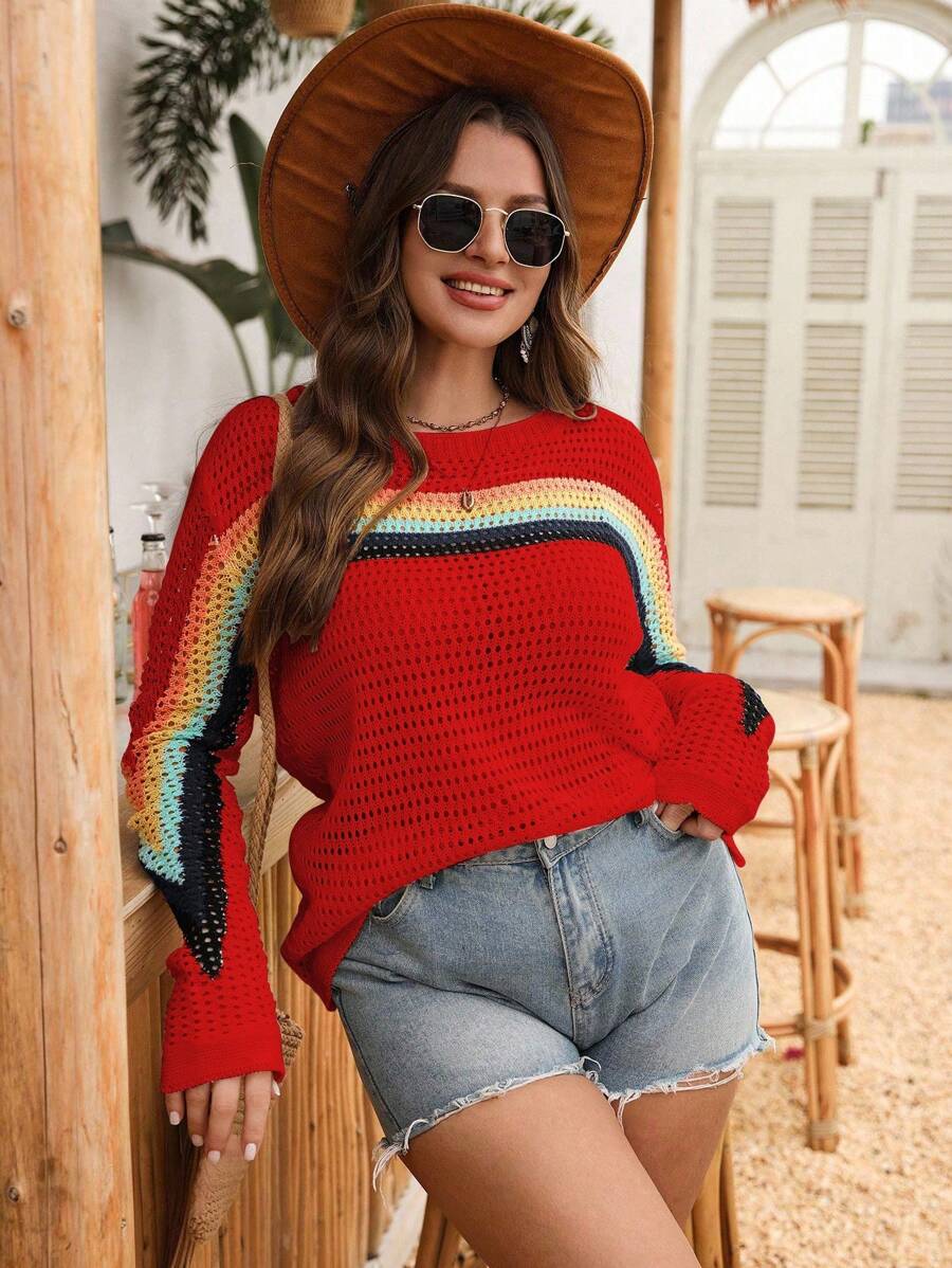 EMERY ROSE Plus Rainbow Knit Hollow Out Pullover Sweater,Red Sequin,Autumn,Boho,Vacation,Pride Month Long Sleeve Outerwear,Sun Protection,Club,Party,Birthday - Red - View 1