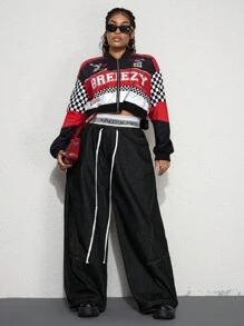 ROMWE Grunge Punk 朋克赛车摩托车休闲街头撞色字母格子短款大码女式夹克薄外套 - 彩色 - 查看 6