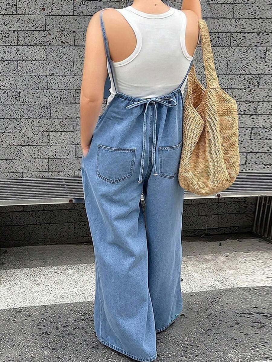 Dazy Plus Peto vaquero azul desgastado de corte holgado, informal y de talla grande para mujer, apto para todas las estaciones de otoño/invierno - Lavado ligero - Ver 1