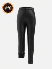 SHEIN Young Girl Thick Thermal Lined PU Leather Skinny Leggings, Casual & Comfortable, Versatile Fall Winter - Black - View 8