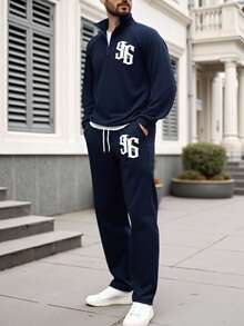 Manfinity Campus Court Aesthetic Post--Men's Numeric Print Hoodie And Pants Set - Blue - View 2