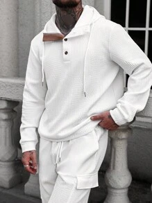 Manfinity LEGND 男款压花面料半开前开襟连帽衫 + 多口袋抽绳运动裤套装 - 白色 - 查看 6