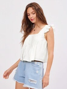 WESTFADE 纹理编织方领褶皱荷叶边飘袖休闲夏季上衣 - 白色 - 查看 4