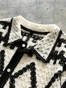 AXEPEAK Plus Size Men's Casual Hollow Out Geometric Short Sleeve Knitted Sweater, For Fall, Winter - Black and White - View 3